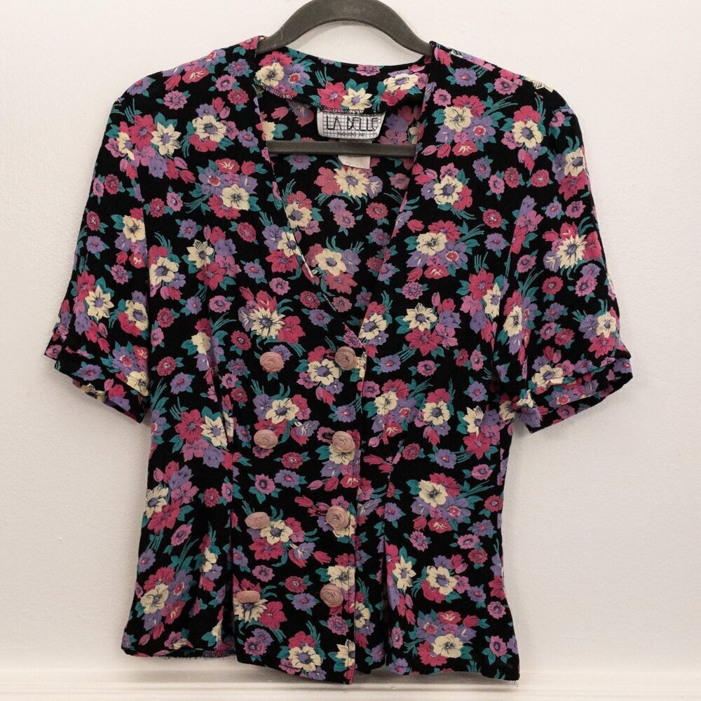 Vintage 80s La Belle Floral Blouse S | Rose Button Black Top Made in USA